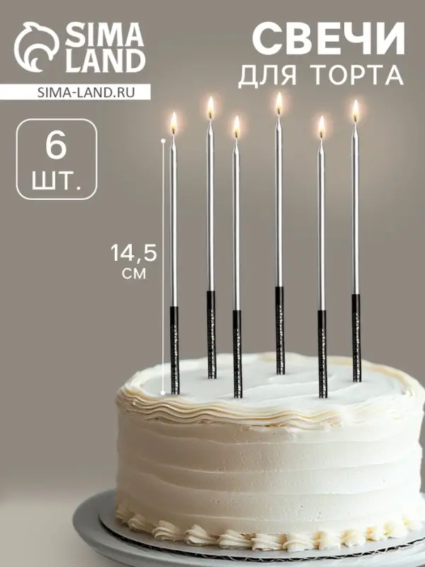 Свечи в торт &laquo;Праздник&raquo;, 6 шт., 14.5 см, серебро с чёрным