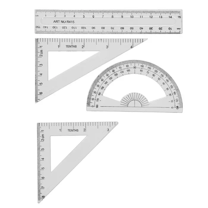 Набор чертежный 4 предмета (линейка 15 см, треугольник11 см/ 30*и 5 см/ 45*, транспортир) прозрачный Набор чертежный 4 предмета (линейка 15 см, треугольник11 см/ 30*и 5 см/ 45*, транспортир) прозрачный
