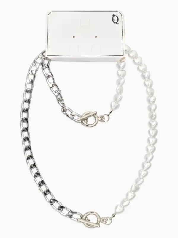 Набор 2 пред-а: колье,браслет "Жемчуг сердце с цепочкой" 18/42, цвет белый в серебре