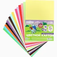 Цветной картон тонированный, А4, 16 листов, 16 цветов, немелованный, двусторонний, в пакете, 180 г/м&sup2;, &laquo;Смешарики&raquo;