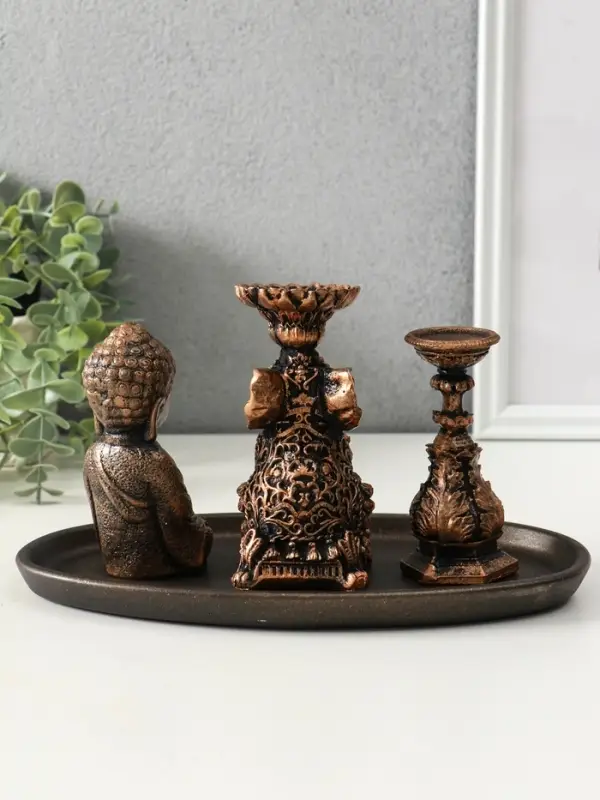 Набор фигур "Буддийский" на подносе, высота 13 см, цвет винтажная бронза
