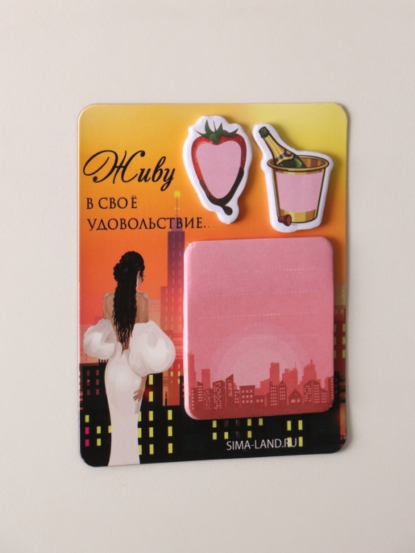 Магнит с блоком для записей и стикерами  Магнит с блоком для записей и стикерами "Живу в своё удовольствие..." 10х12 см