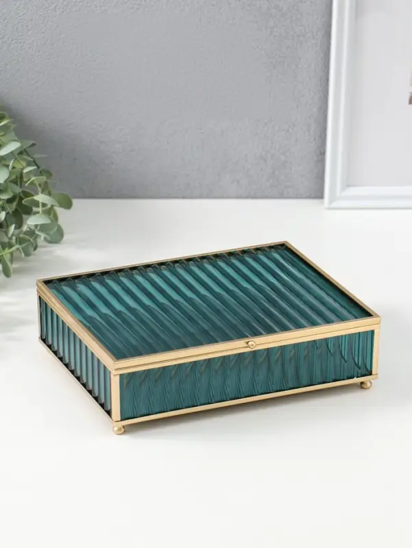 Шкатулка стекло с металлическим каркасом  "Линии" голубая 17х21,5х6,5 см