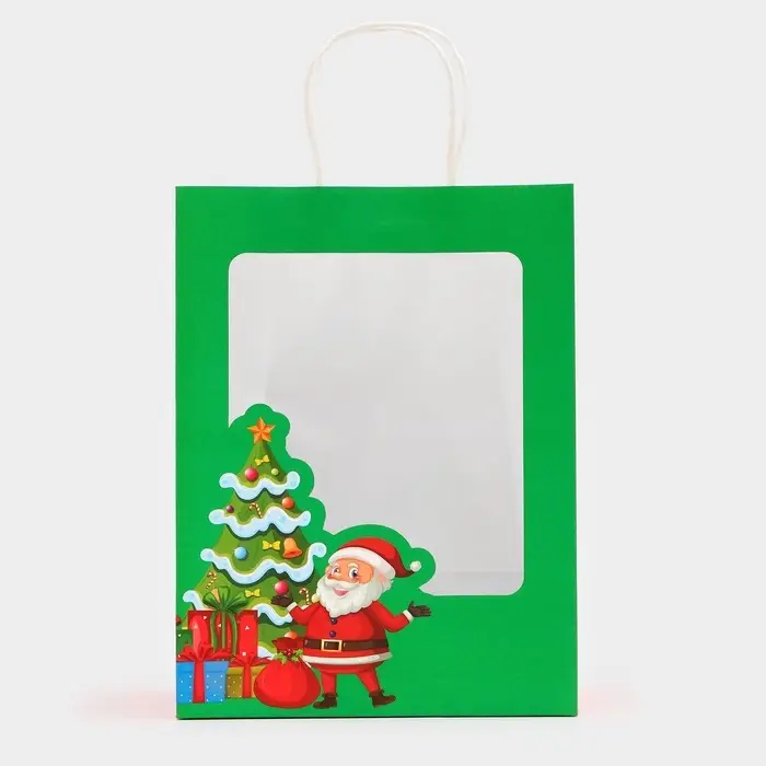 Пакет подарочный бумажный с окном «Дед Мороз» 30×22×14 см, крафт зеленый Пакет подарочный бумажный с окном «Дед Мороз» 30×22×14 см, крафт зеленый