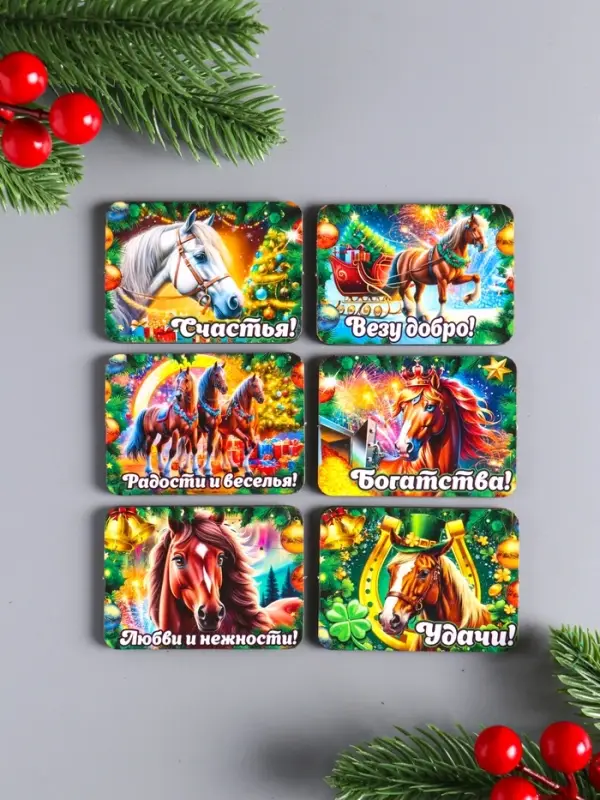 Набор новогодних магнитов 6 шт "Везу добро" 6х4,5 см