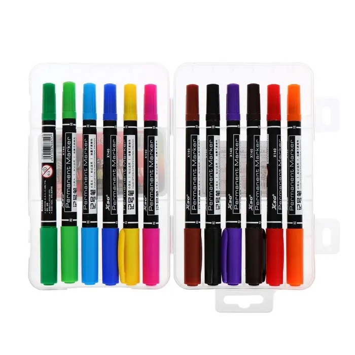 Набор маркеров перманентных, 12 цветов, двухсторонние, узел 0.5 мм / 1.0 мм, в пластиковом пенале