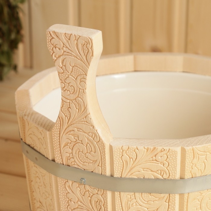 Шайка- ушат, бадья из липы, 4 л, пластиковая вставка Шайка- ушат, бадья из липы, 4 л, пластиковая вставка "Русские узоры"