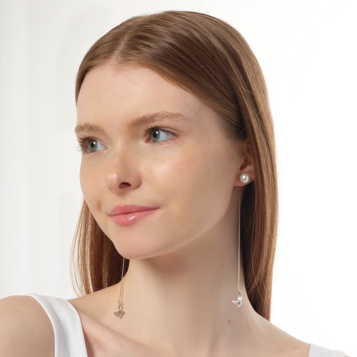 Серьги с жемчугом «Цепочки» бабочка и бусина, цвет белый в серебре, шар №10 Серьги с жемчугом «Цепочки» бабочка и бусина, цвет белый в серебре, шар №10