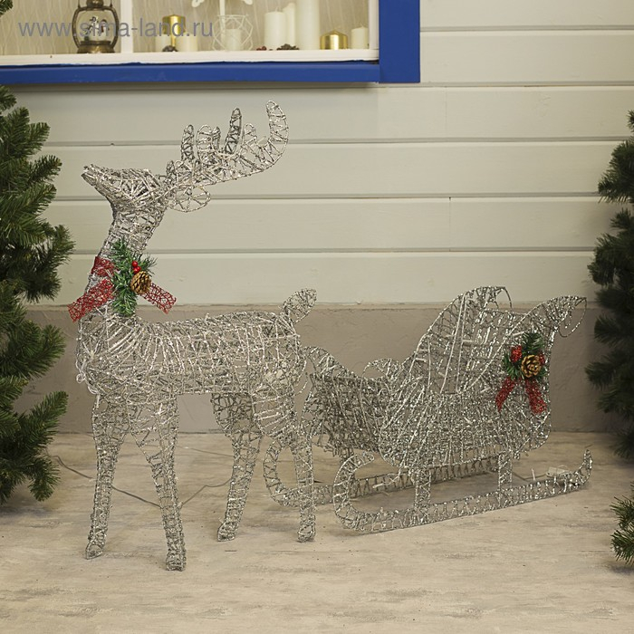 Светодиодная фигура «Олень с санями серебристый», олень: 50 × 85 × 18 см, сани: 70 × 43 × 22 см, металл, 220 В, свечение тёплое белое Светодиодная фигура «Олень с санями серебристый», олень: 50 × 85 × 18 см, сани: 70 × 43 × 22 см, металл, 220 В, свечение тёплое белое