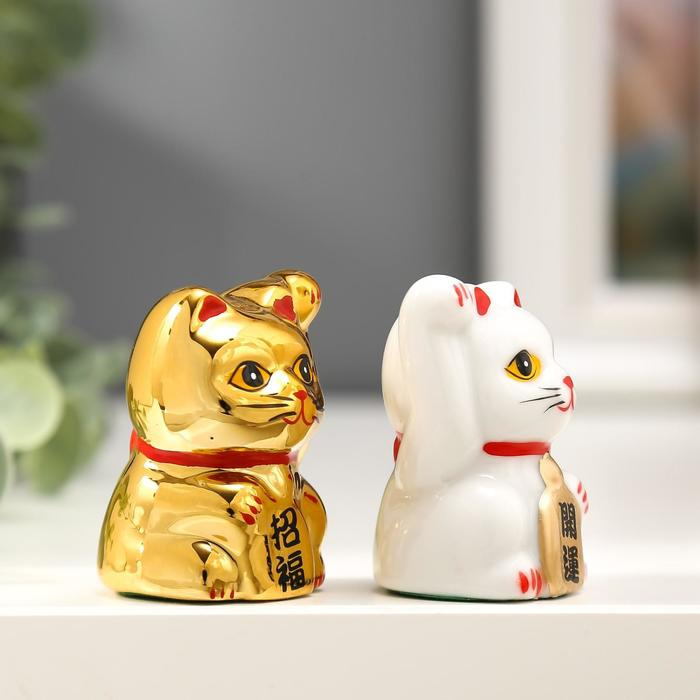 Сувенир керамика Сувенир керамика "Кот Манэки-нэко белый и золотой" набор 2 шт 5х3,3х3 см