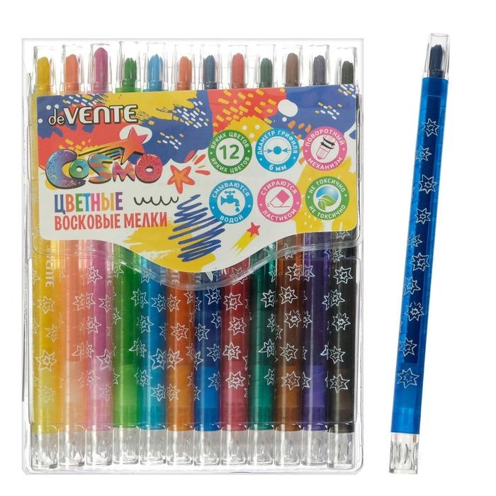 Мелки восковые 12 цветов deVENTE Cosmo, с поворотным механизмом, пластиковый блок на липучке Мелки восковые 12 цветов deVENTE Cosmo, с поворотным механизмом, пластиковый блок на липучке
