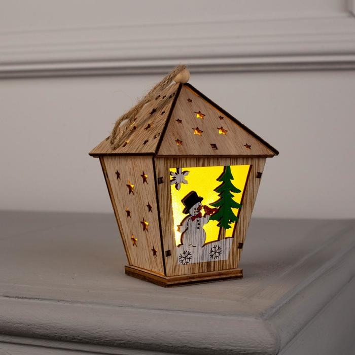 Ёлочная игрушка «Фонарь со снеговиком», от батареек, свечение тёплое белое Ёлочная игрушка «Фонарь со снеговиком», от батареек, свечение тёплое белое