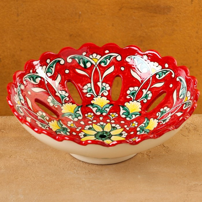 Фруктовница Риштанская Керамика  Фруктовница Риштанская Керамика "Цветы", 23 см, красная