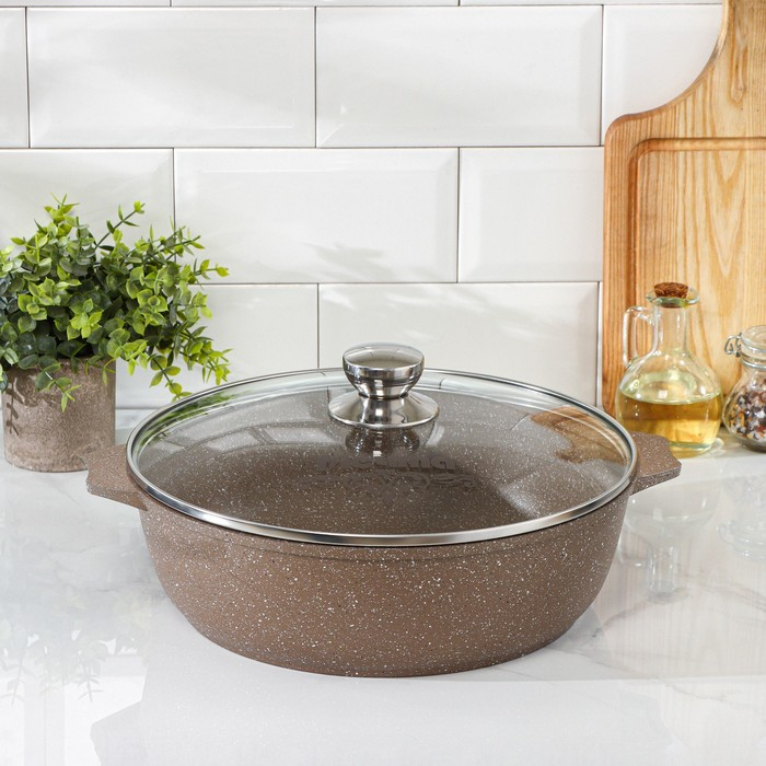 Жаровня «Гранит Brown», 5 л, h=9 см, стеклянная крышка, антипригарное покрытие, цвет коричневый Жаровня «Гранит Brown», 5 л, h=9 см, стеклянная крышка, антипригарное покрытие, цвет коричневый