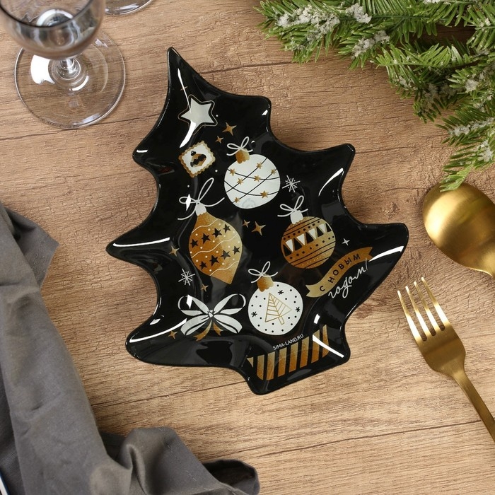 Тарелка в форме ёлки новогодняя Дорого внимание «С Новым годом. Игрушки», 19,5 х 16,5 см, стекло Тарелка в форме ёлки новогодняя Дорого внимание «С Новым годом. Игрушки», 19,5 х 16,5 см, стекло