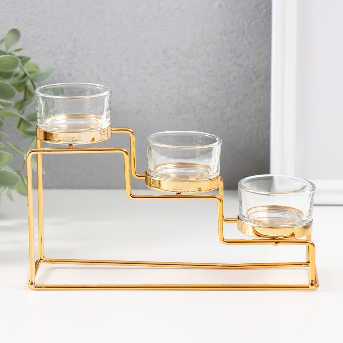 Подсвечник металл, стекло на 3 свечи "Лестница" золото 20х6х10 см