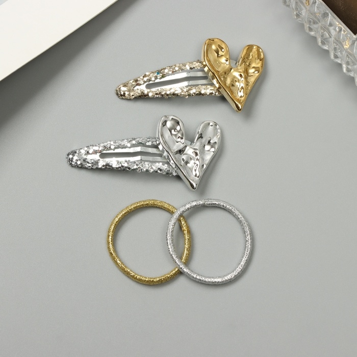 Набор для волос Набор для волос "Беатрис" (10 резинок 3 см, 2 невидимки 5 см) сердца, серебро золото