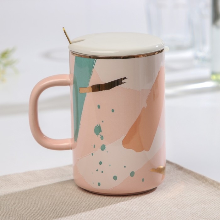 Кружка керамическая с крышкой и ложкой «Анабель», 350 мл, рисунок МИКС Кружка керамическая с крышкой и ложкой «Анабель», 350 мл, рисунок МИКС