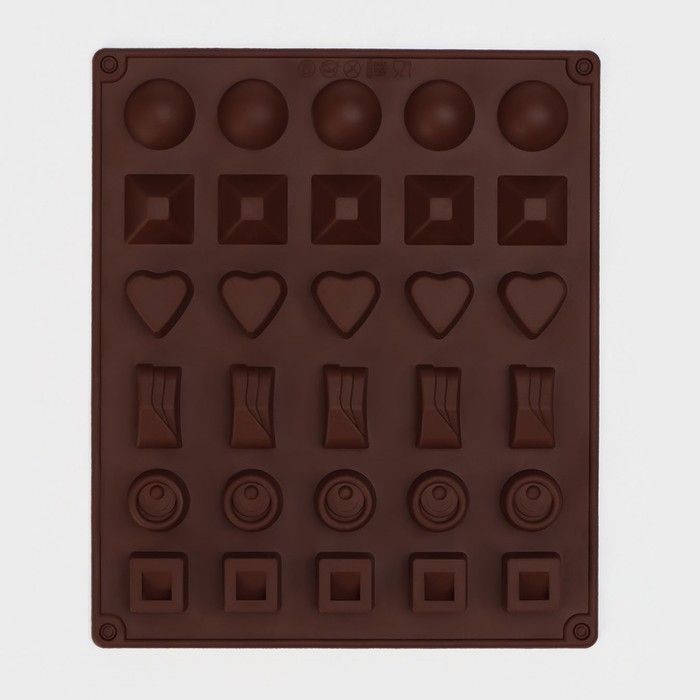 Форма для конфет и шоколада Доляна «Коробка конфет», силикон, 27×23×1,5 см, 30 ячеек (3,2×3,2 см), цвет коричневый