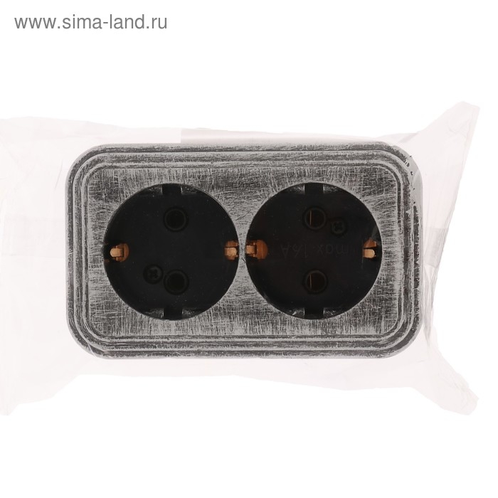 Розетка  Розетка "Элект" RA 16-238-ЧС, 16 А, 250 В, двухместная, открытая, с з/к, черная под серебро