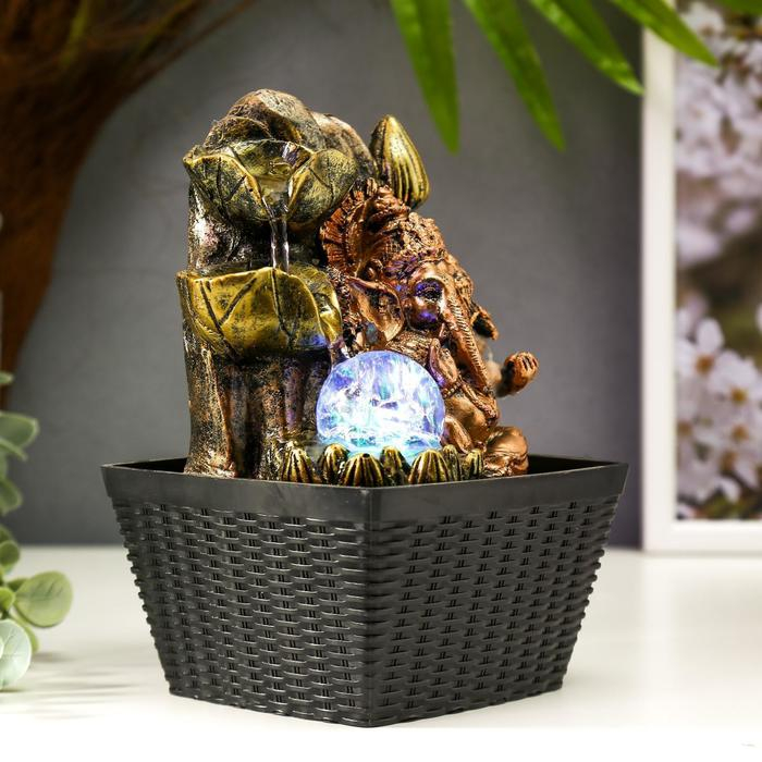 Фонтан настольный от сети, подсветка  Фонтан настольный от сети, подсветка "Бронзовый Ганеша и лотосы" 22х13х13 см