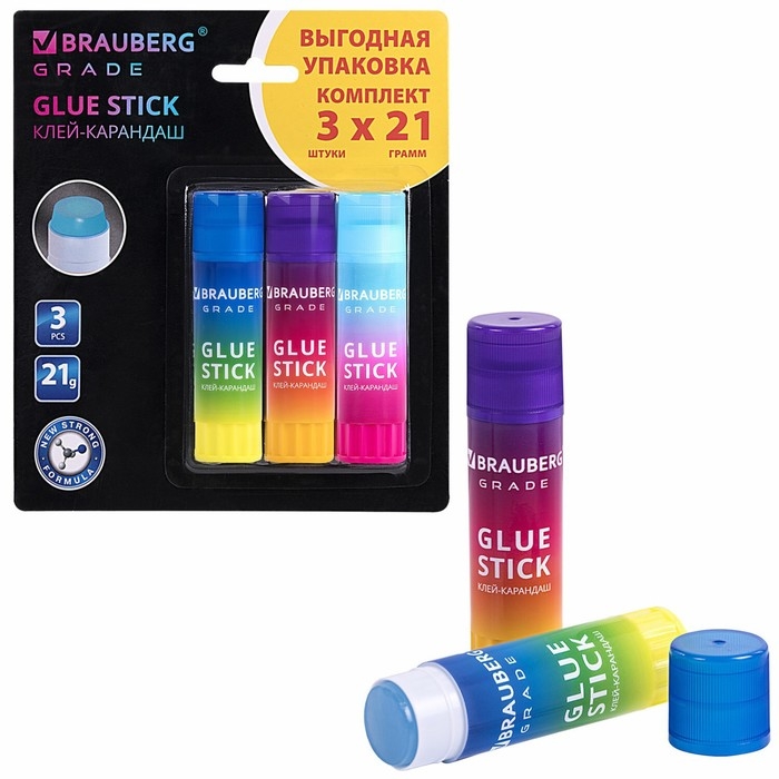 Клей-карандаш PVP 21г BRAUBERG GRADE, Набор 3шт , блистер 271248 Клей-карандаш PVP 21г BRAUBERG GRADE, Набор 3шт , блистер 271248