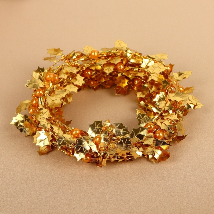 Листья на металлической проволоке, с бусинами, 21 × 18 мм, 5 м, цвет золотой Листья на металлической проволоке, с бусинами, 21 × 18 мм, 5 м, цвет золотой