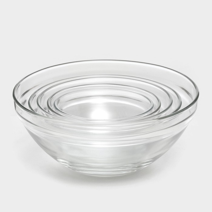 Набор стеклянных салатников Доляна «Классика», с крышками, 5 предметов: 900 мл (17×7,6 см), 500 мл (16×6 см), 350 мл (12,5×5,4 см), 200 мл (10,5×4,5 см), 130 мл (9×3,7 см), цвет зелёный