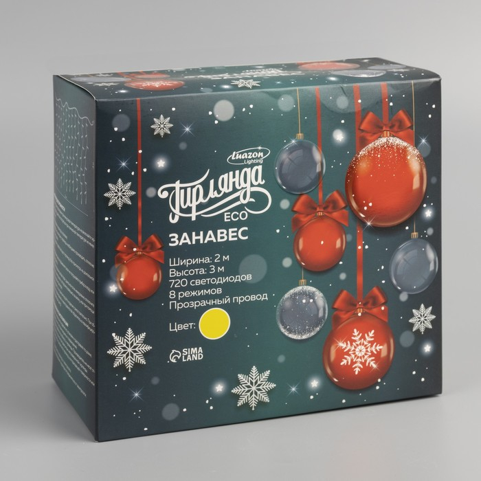 Гирлянда «Занавес» 2 × 3 м, IP20, прозрачная нить, 720 LED, свечение жёлтое, 8 режимов, 220 В Гирлянда «Занавес» 2 × 3 м, IP20, прозрачная нить, 720 LED, свечение жёлтое, 8 режимов, 220 В