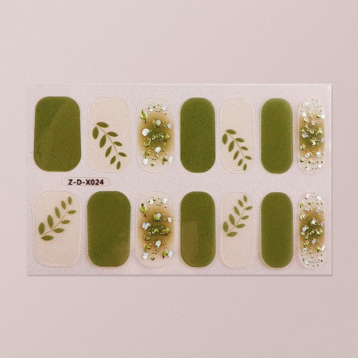 Лаковые полоски для маникюра, 14 шт, цвет бежевый/зелёный Лаковые полоски для маникюра, 14 шт, цвет бежевый/зелёный