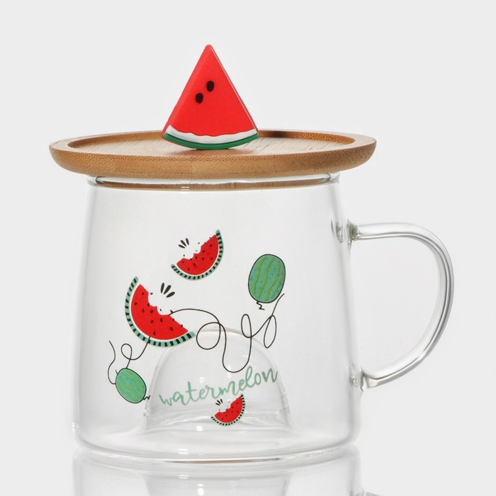 Кружка стеклянная с деревянной крышкой «Арбузик», 300 мл