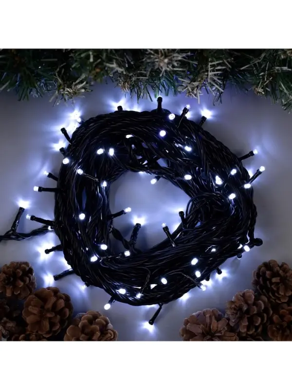 Гирлянда &laquo;Нить&raquo; 10 м, IP44, УМС, тёмная нить, 100 LED, свечение белое, мерцание белым, 220 В