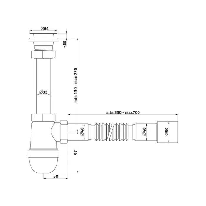 Сифон для раковины &laquo;АНИ Пласт&raquo; C1015, 1 1/4" &times; 40 мм с гибкой трубой 40&times;40/50 мм