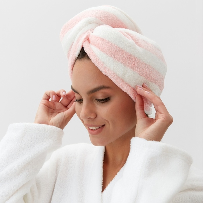 Чалма для сушки волос Этель «Полоски», цв.розовый, 65*25 см, 100% п/э Чалма для сушки волос Этель «Полоски», цв.розовый, 65*25 см, 100% п/э