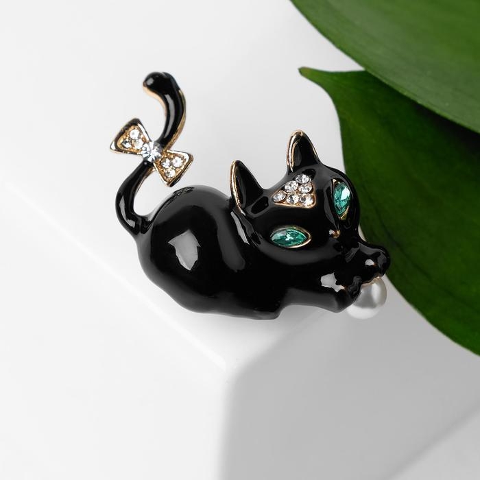 Брошь «Котёночек», цвет чёрно-белый в золоте Брошь «Котёночек», цвет чёрно-белый в золоте