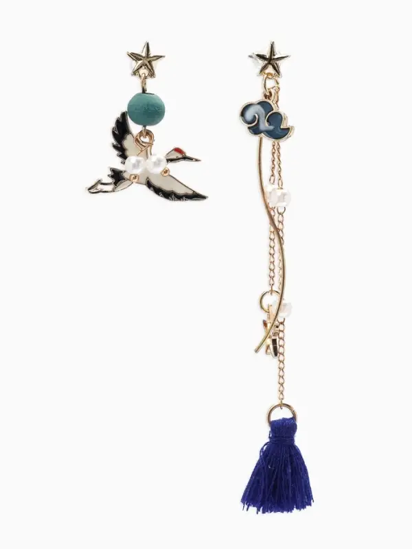 Серьги с жемчугом &laquo;Япония&raquo;, аист и звёзды, цветные в золоте