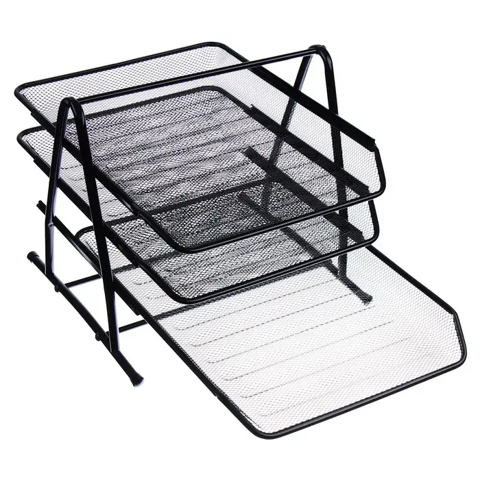 Лоток для бумаг горизонтальный, металлическая сетка, 3 отделения, чёрный