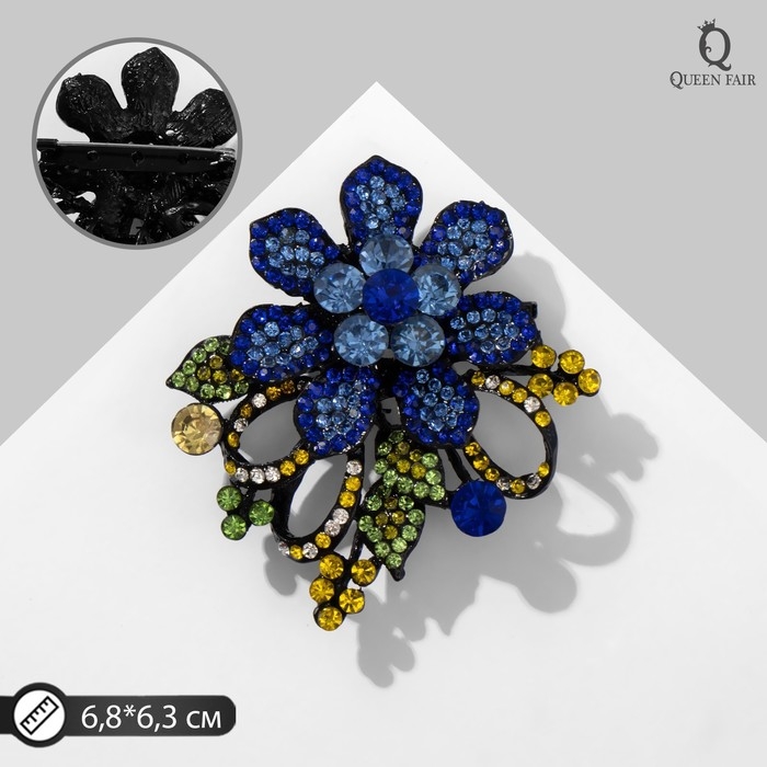 Брошь «Цветок» с завитками, цвет синий в чёрном металле Брошь «Цветок» с завитками, цвет синий в чёрном металле