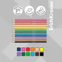 Карандаши 12 цветов, ErichKrause, пластик, шестигранные, 2.6 мм грифель, картонная упаковка, европодвес