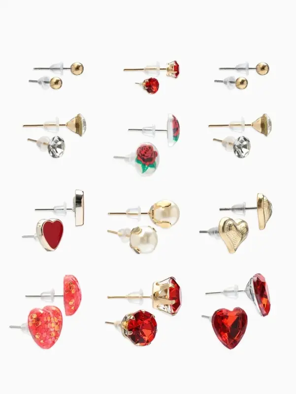 Серьги пусеты QF &laquo;Романтика&raquo;, 12 пар, сердечки, цветные в золоте
