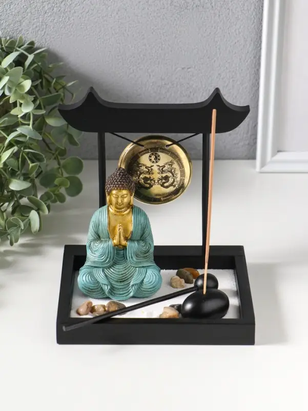 Сад Дзен "Будда в бирюзовом у гонга" песок+камни+аромапалочки 13,2х15х16 см