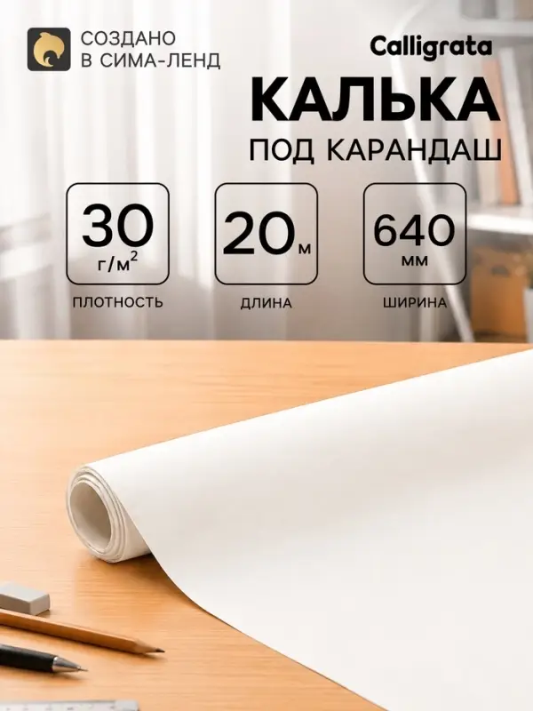 Калька чертёжная под карандаш, ширина 640 мм, в рулоне 20 метров, 30 г/м&sup2;, в ПП плёнке