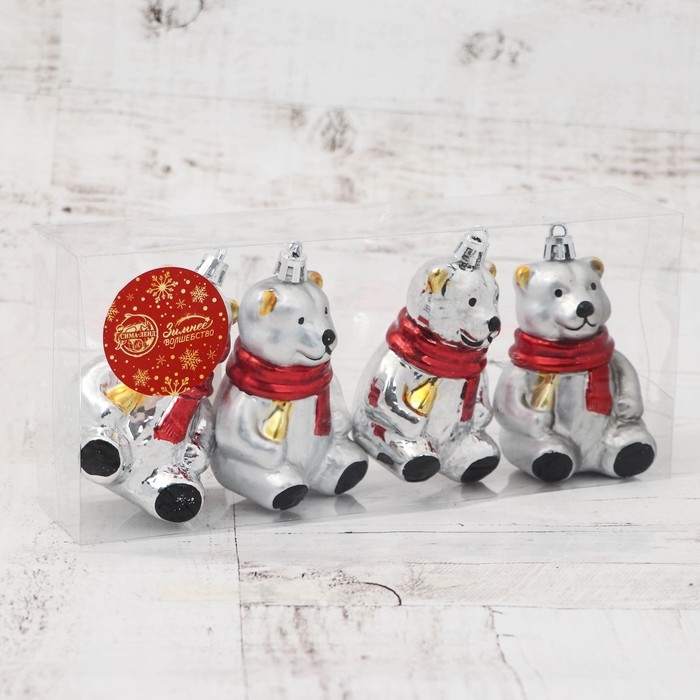 Ёлочная игрушка Ёлочная игрушка "Мишка в шарфике" (набор 4 шт) 5,5х8 см, серебро