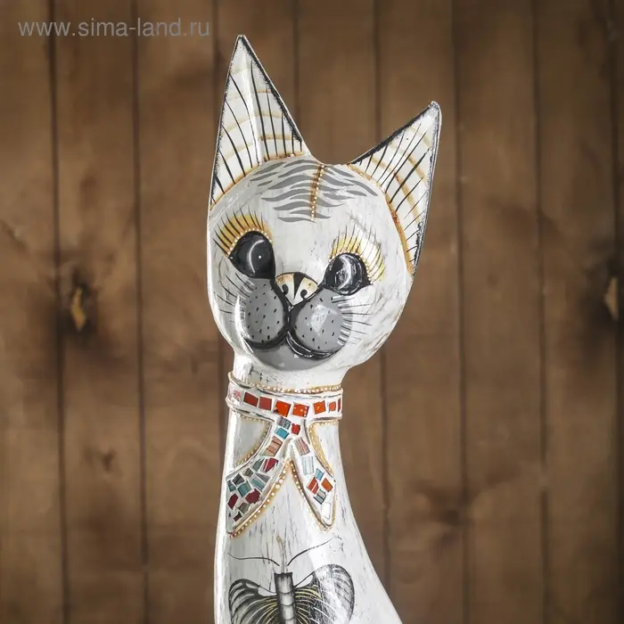 Сувенир дерево "Серая кошка в ошейнике из мозаики и с черепахой" 100х16х7 см
