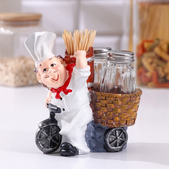 Набор для специй на подставке «Повар», 3 предмета: солонка 50 мл, перечница 50 мл, подставка с ёмкостью для зубочисток, фигурка МИКС Набор для специй на подставке «Повар», 3 предмета: солонка 50 мл, перечница 50 мл, подставка с ёмкостью для зубочисток, фигурка МИКС