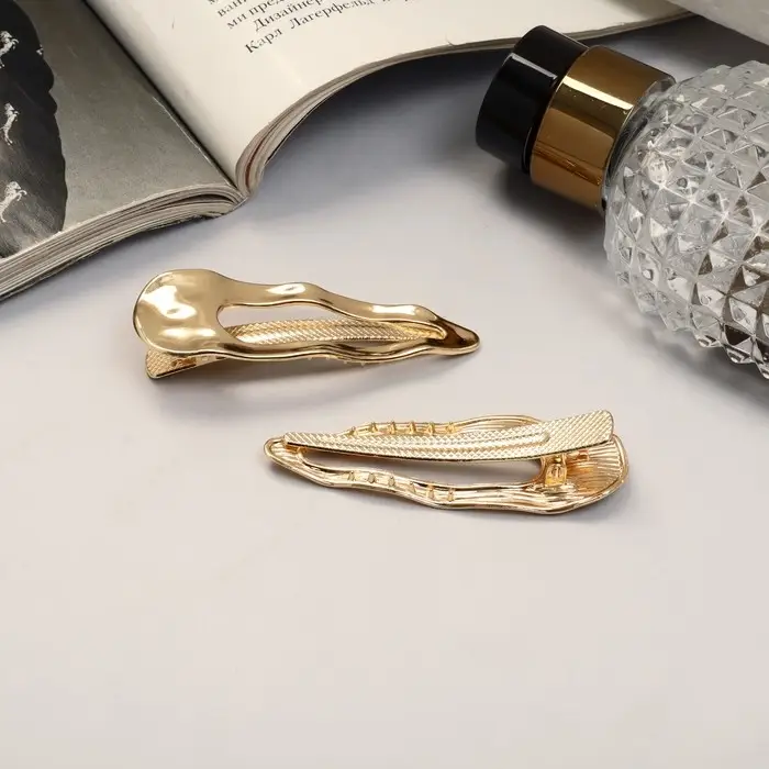 Зажим для волос "Либерти" (набор 2 шт) волна овал, 6,5 см, золото