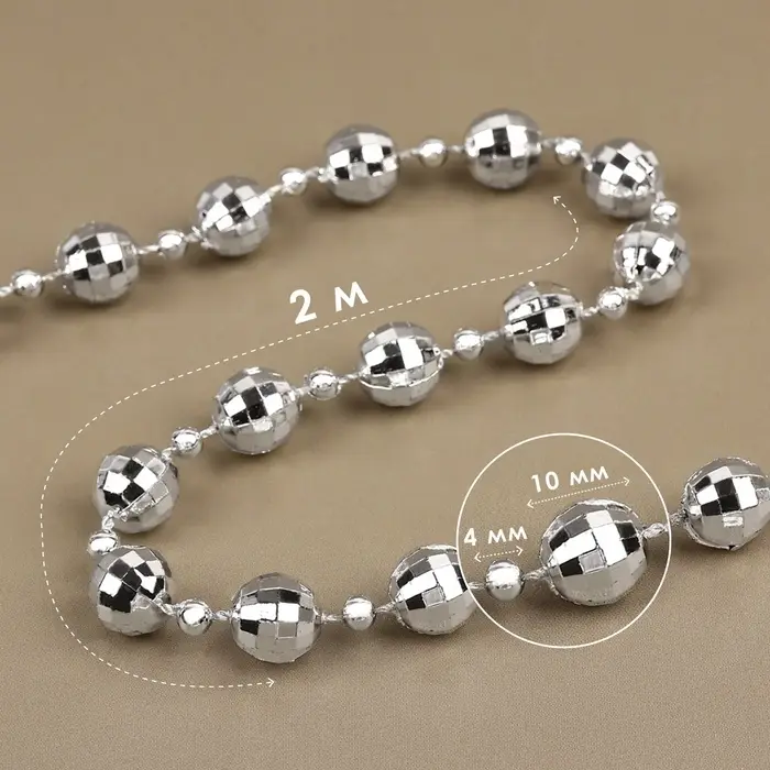 Бусы на нитях &laquo;Диско шар&raquo;, 10/4 мм, 2 м, цвет серебряный
