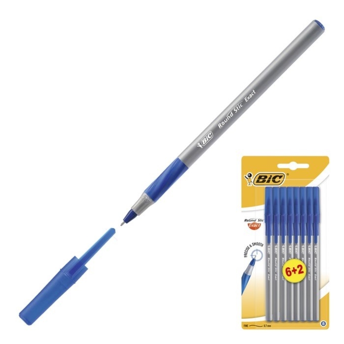Набор ручек шариковых 6 штук + 2 в подарок BIC  Набор ручек шариковых 6 штук + 2 в подарок BIC "Round Stic Exact", узел 0.8 мм, тонкое письмо, резиновый упор