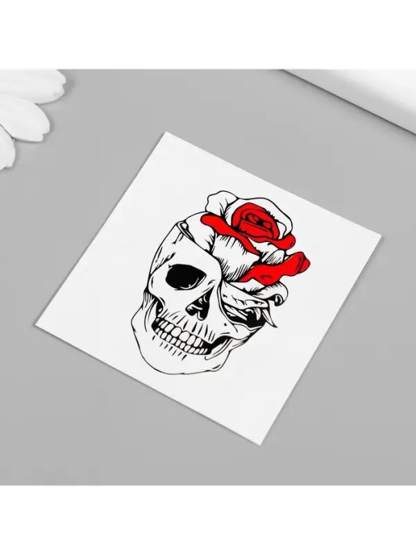 Переводная тату на тело чёрно-красная «Череп с розой», 6×6 см