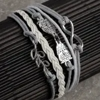 Браслет кожаный &laquo;Совы, веточка и знак бесконечности&raquo;, L=20 см, 5 нитей, белый, серый